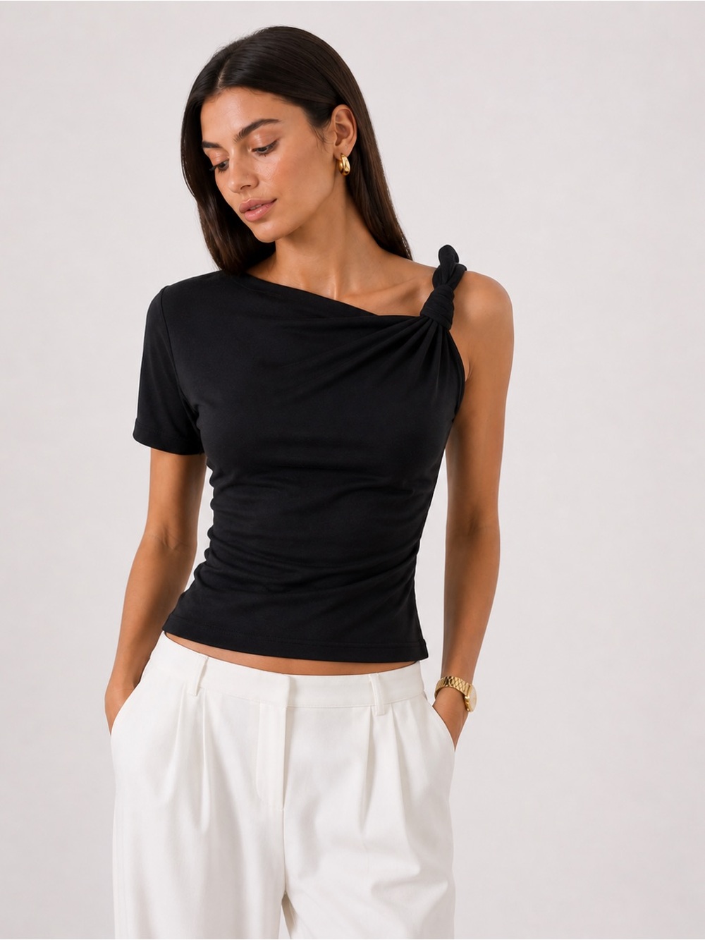 Commense Asymmetric One-Shoulder Knot Sleeve Top - Black